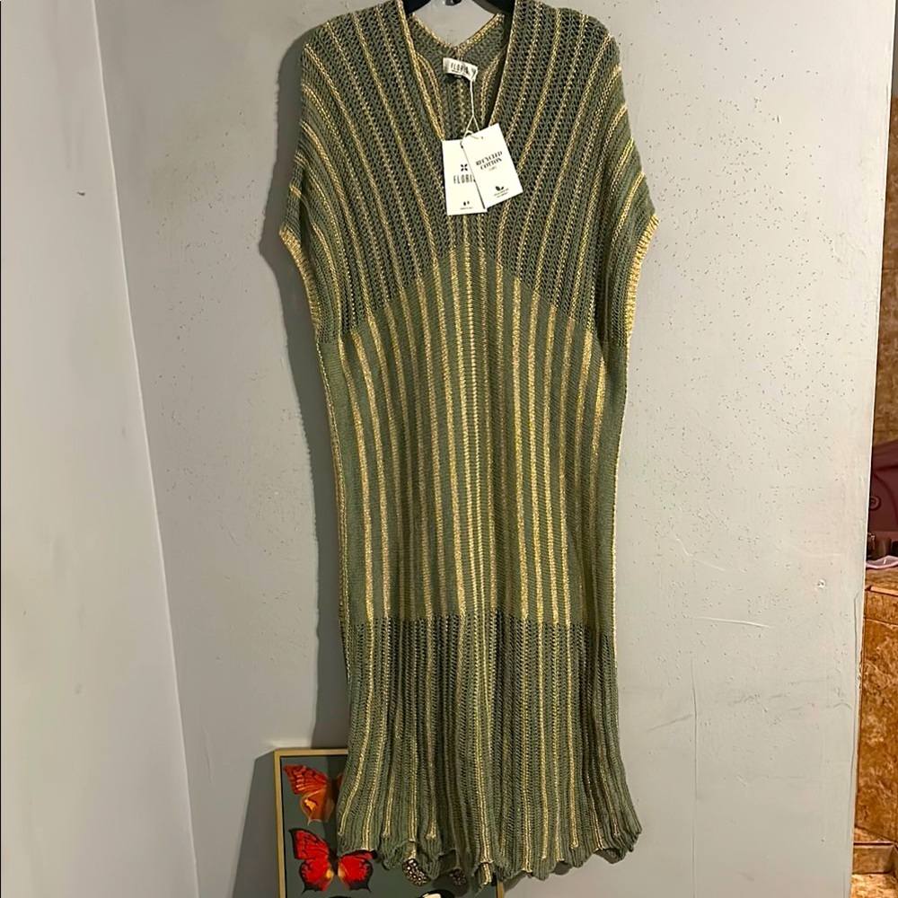 FLORIS made in ITALY  with gold glitter Green and Cream Striped Dress NWT